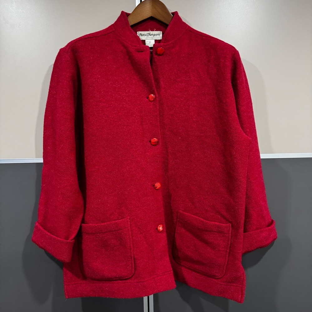 Norm Thompson Size LP Womens 100% Wool Red Pocket  Cardigan 90s Holiday